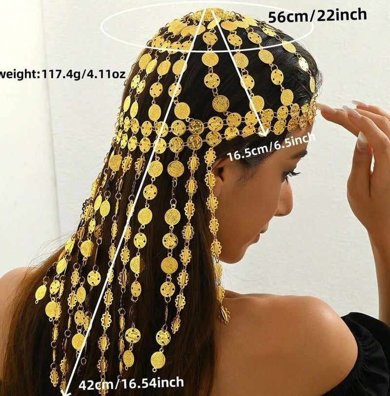 زينة يوم التاسيس سلسلة راس ذهبية بتصميم عملات متدلية – اكسسوار شعر فاخر للحفلات والمناسبات - Image 5